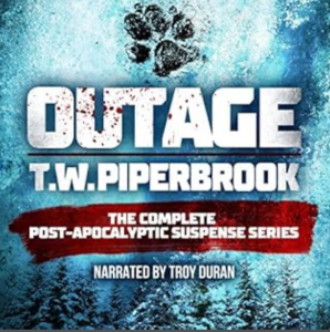Cover of the book series 'Outage' by T.W. Piperbrook, featuring a snowy background, a paw print, and bold text highlighting the title, author, and description of the series.Bo