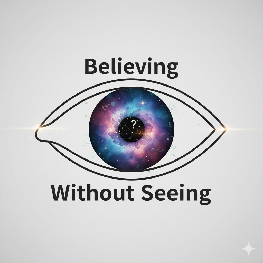 Minimalist eye illustration with a cosmic nebula and scientific symbols inside the iris representing inference and belief in unseen scientific phenomena.
