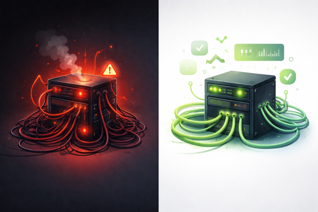 A visual metaphor of a server under pressure: a small machine overwhelmed by tangled cables and glowing red signals, transforming into a clean, efficient system with smooth flowing connections and green indicators. Minimalist, modern, tech illustration style.